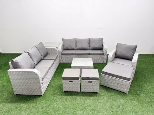 Fimous 10 Seater Poly Rattan Garden Furniture Set in Grey with Coffee Table, 3 Seater Sofas, Reclining Chairs, and Ottomans