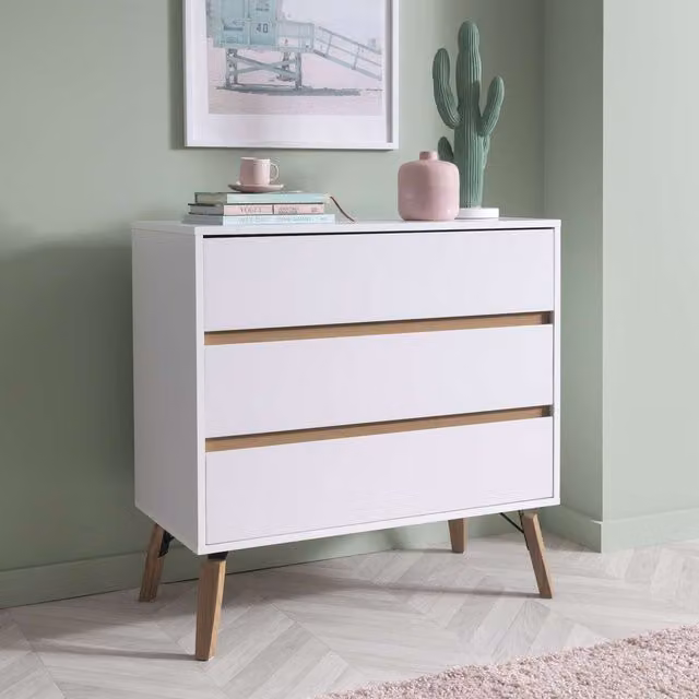 Otto Mid-Century Wide 3 Drawer Chest of Drawers in White and Grey