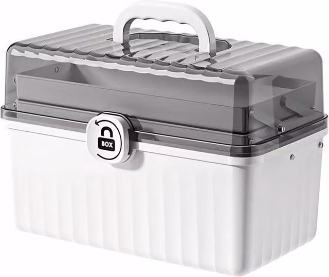 KORVIXA 3 Tier Stackable and Foldable Craft and Medicine Storage Box in Grey, White and Multicolour, Width: 90 cm