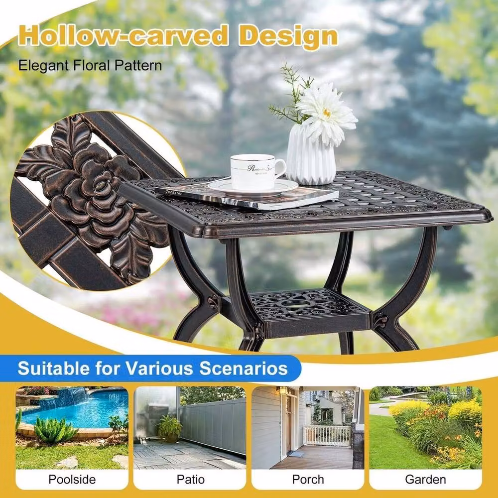 SPETLEK Cast Aluminium Floral Patio Side Table in Bronze, Diameter: 53 cm – 4