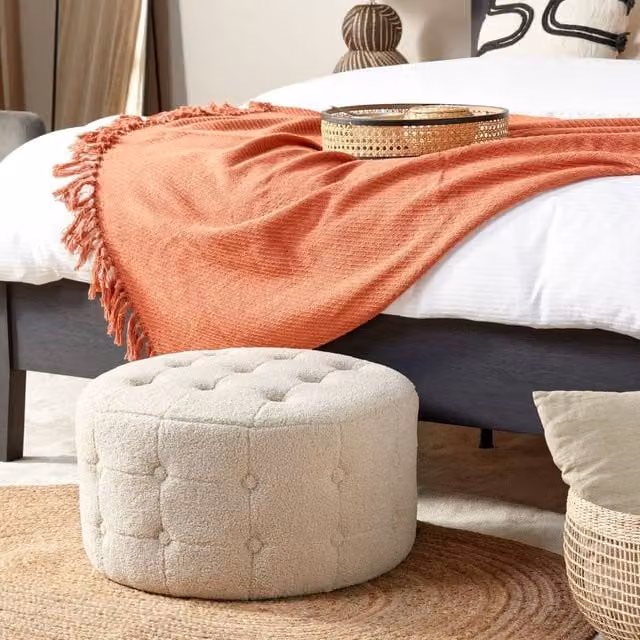Wyld and Coco Beige Bouclé Round Footstool - W/D/H: 55 x 55 x 30 cm – 1