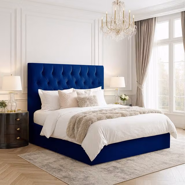 Desire Deco Samara Chesterfield Upholstered Velvet Bed Frame, Blue, W/D/H: 120 x 200 cm