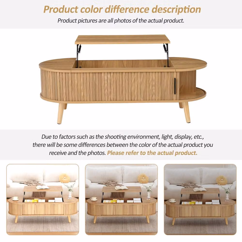 BTM Oval Lift-Top Coffee Table in Brown Wood, W: 120 cm, H: 39.5 cm, D: 50 cm – 3