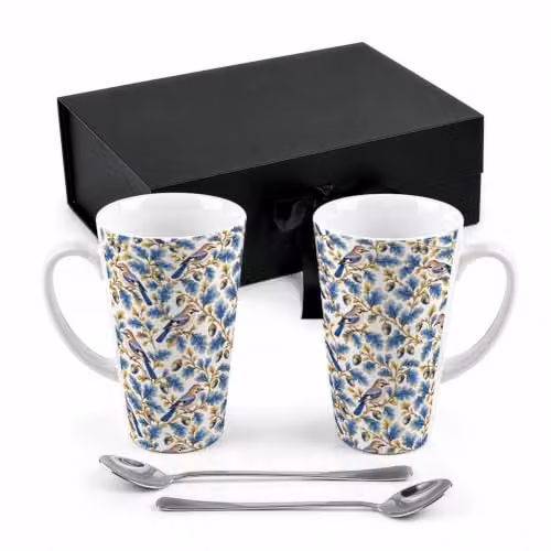 Purely Home Ornate Blue and Gold Floral Ceramic Latte Mug and Spoon Gift Set for Adults – 1