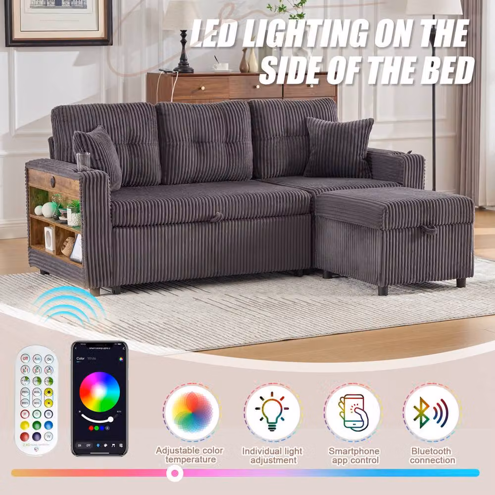 FENCHILIN 3 Seater Pull-out Sofa Bed with Hidden Storage, LED Lighting and USB Charging in Dark Grey – 6