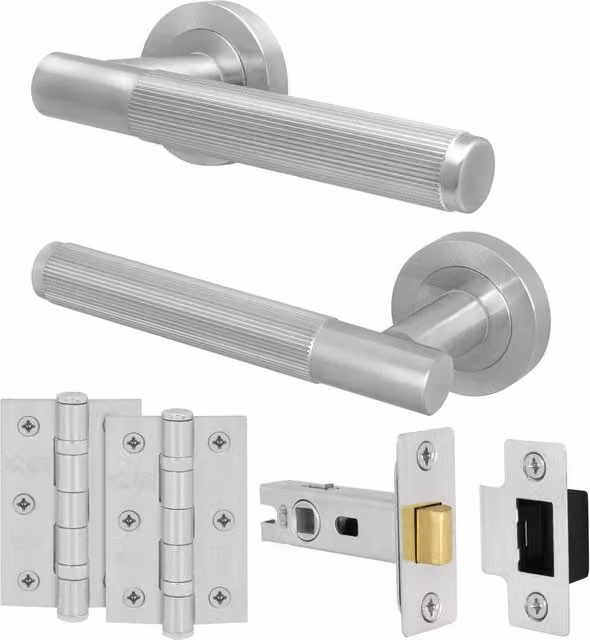 AFIT Satin Nickel Door Handle Latch Set in Silver with Aluminium Hinges, 150 x 150 mm – 1