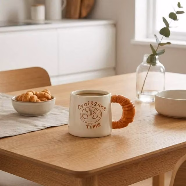 Garden Greatness Parisian Croissant Time Ceramic Mug in Beige, White and Multicolour