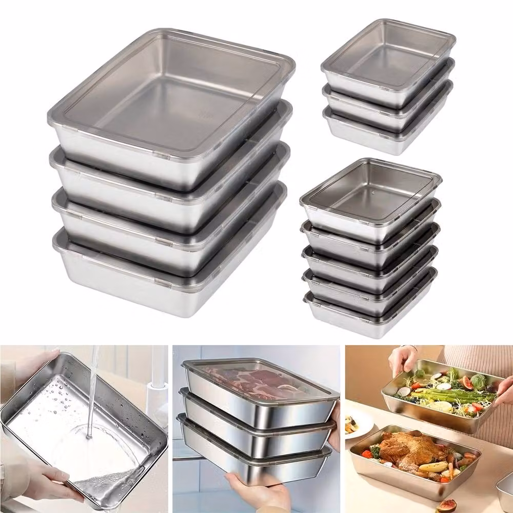 Living and Home 3-Piece Stackable Stainless Steel Rectangular Food Storage Containers with PP Lids in Silver – 2