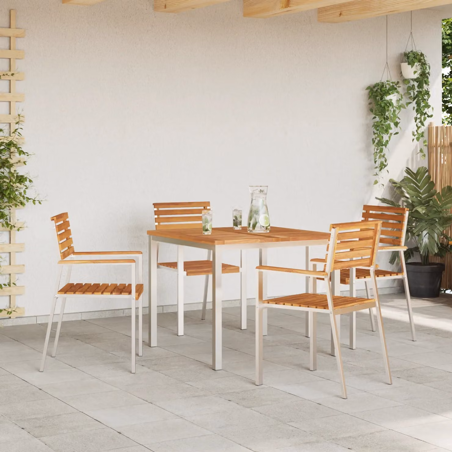 Berkfield Home Set of 4 Stackable Garden Chairs in Brown Solid Teak Wood and Stainless Steel – 2