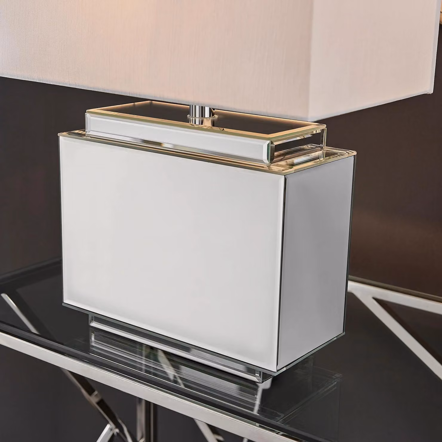 FurnitureboxUK Saanvi Art Deco Table Lamp with Mirrored Glass, Metal Base and White Fabric Shade, Including Bulb – 2