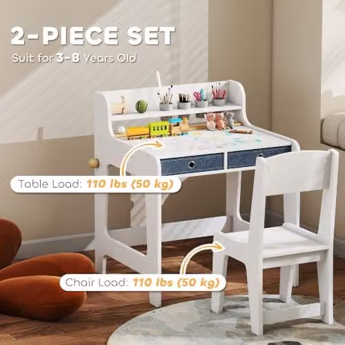 AIYAPLAY Kids Desk and Chair Set in White with Modern MDF Design – 3