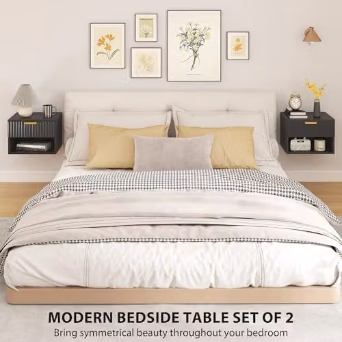 HOMCOM Set of 2 Wall Mounted Floating Nightstands with Soft Close Drawers, Black and Gold – 4