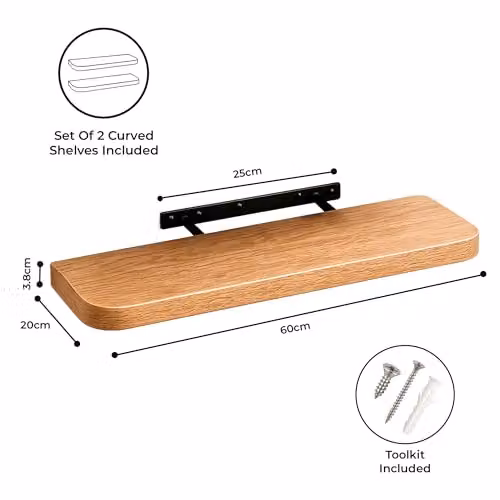 Innoteck Set of 2 Modern Floating Wall Shelves with Curved Edges, Oak – 3