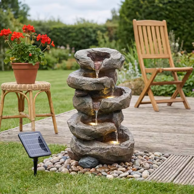 Breeins Solar-Powered 4-Tier Stone Cascade Fountain in Brown
