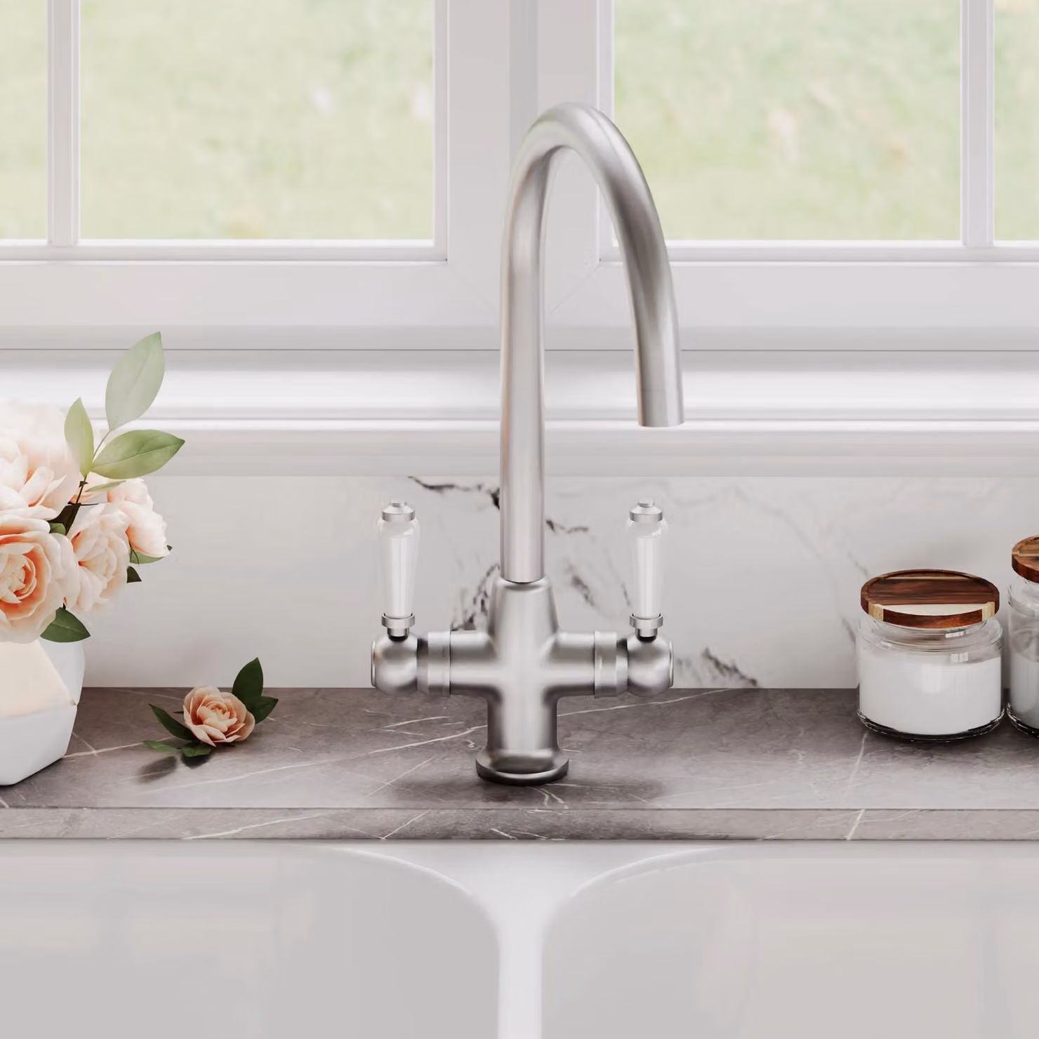 Balterley Traditional Kitchen Sink Mono Mixer Tap in Brushed Nickel with White Single Lever – 2