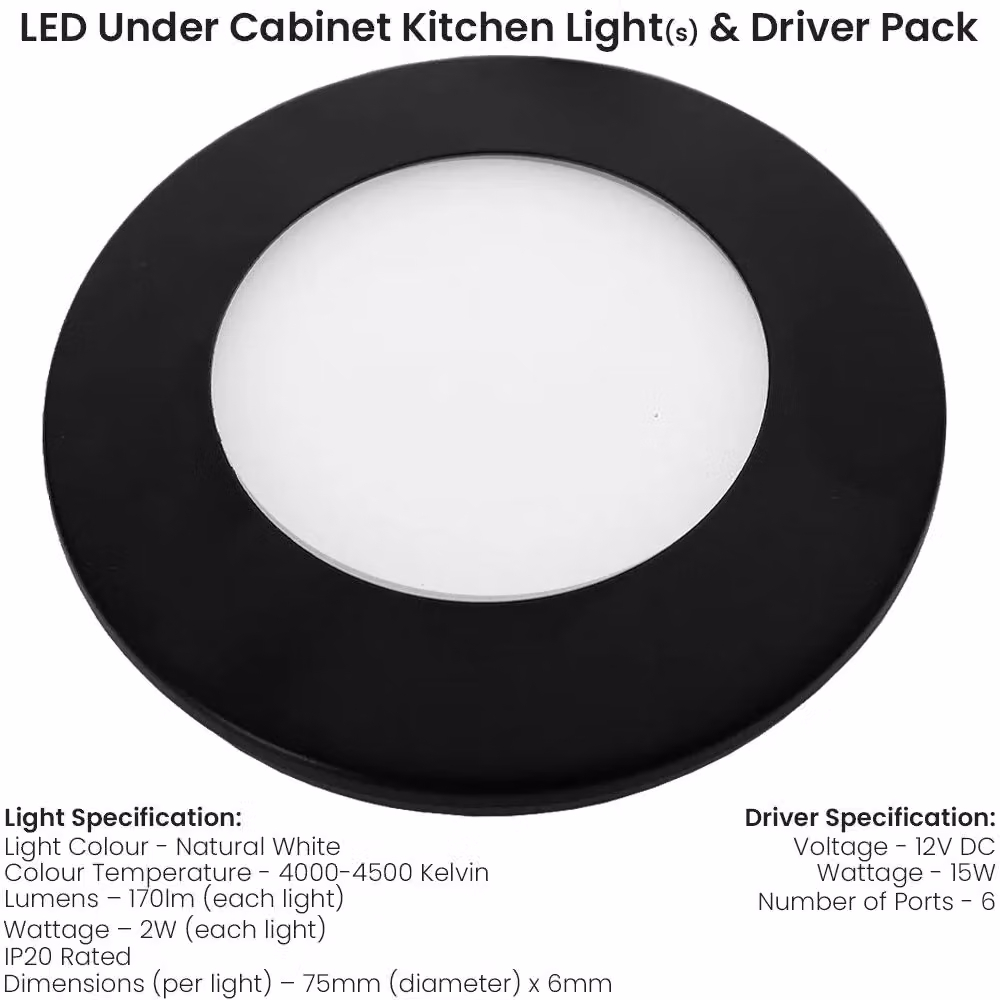Loops 4x Matt Black Ultra-Slim Round Under Cabinet Kitchen LED Light and Driver Kit with Natural White Diffused Light – 2