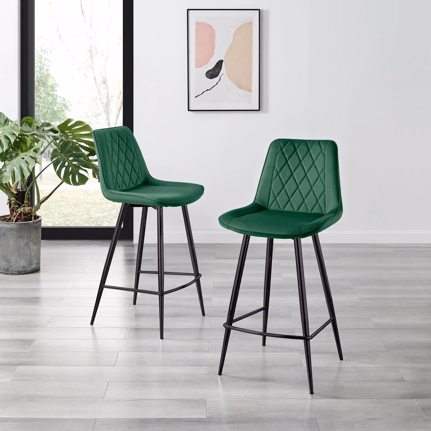 FurnitureboxUK Pesaro Set of 2 Green Velvet Counter Stools with Black Metal Legs – 2