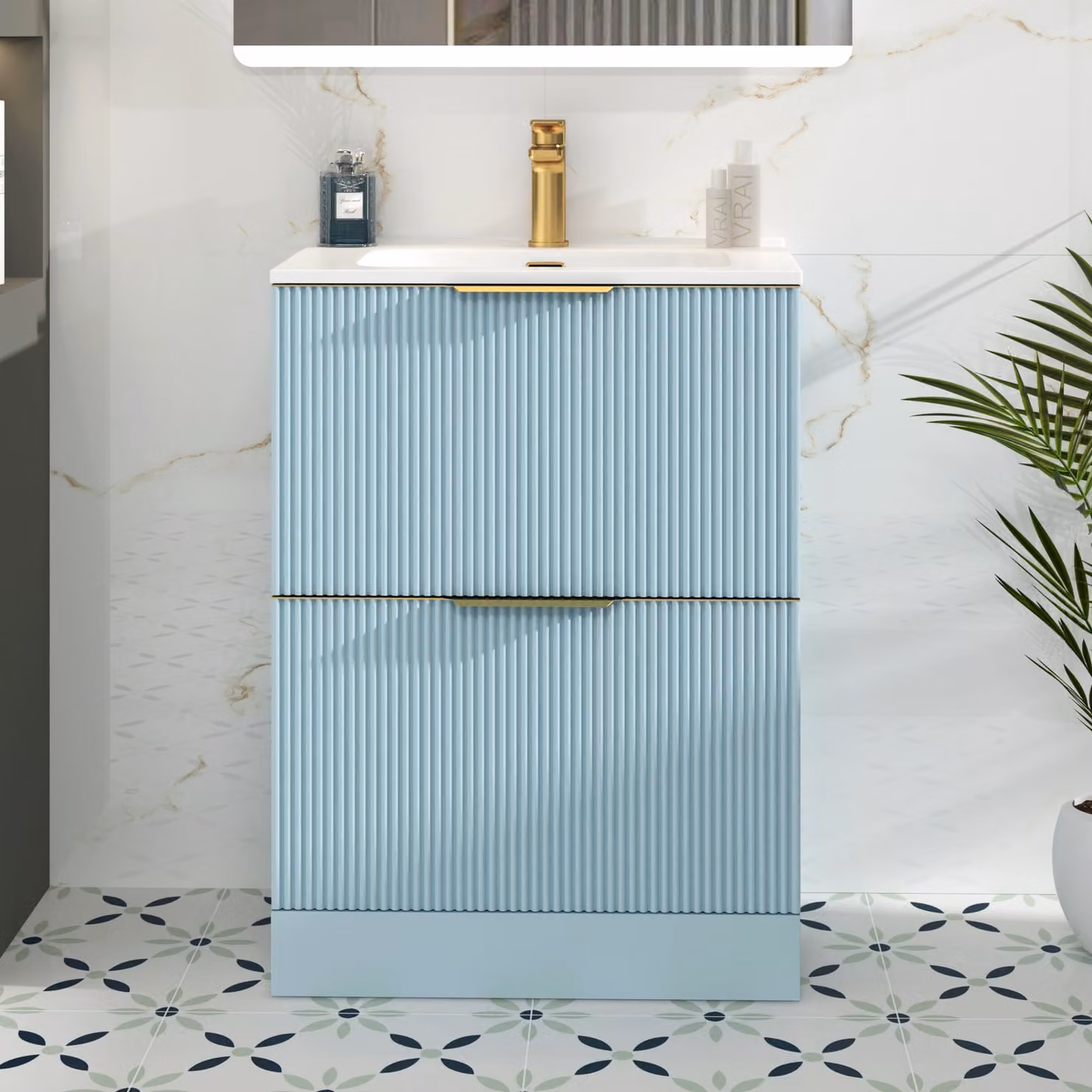 Royal Bathrooms Evora 700mm Powder Blue Fluted Floor Standing Vanity Unit with 2 Drawers, Ceramic Basin and Brushed Brass Handles