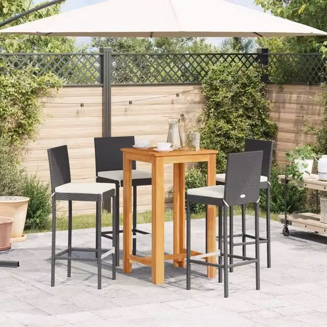 Berkfield Home Beautiful 5 Piece Black Garden Bar Set in Solid Acacia Wood and Poly Rattan, H 105 x W 60 x D 60 cm – 1