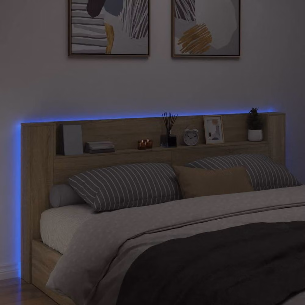 Berkfield Home Headboard Cabinet with LED Lighting in Sonoma Oak and Light Tan, W: 220 cm, D: 16.5 cm, H: 103.5 cm – 3