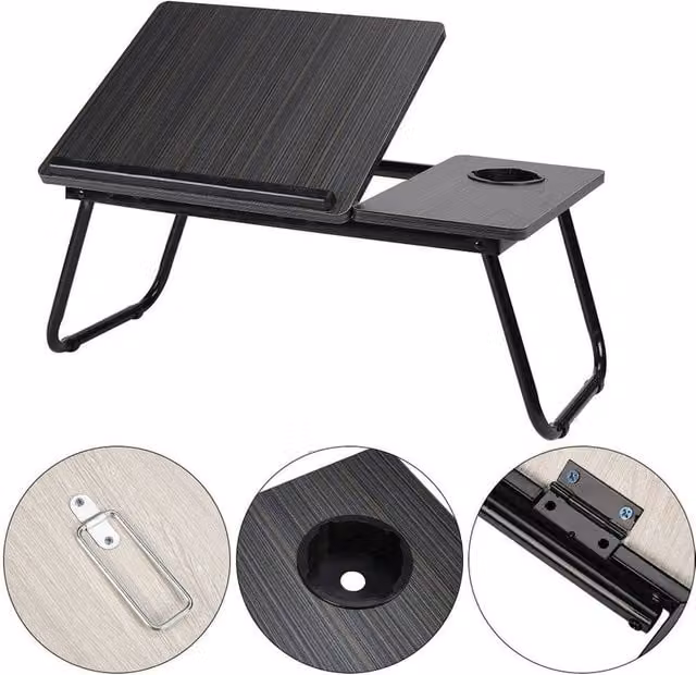 FORGEVIO Black Folding Laptop Table Bed Tray, W: 56 cm, D: 24 cm, H: 32.5 cm
