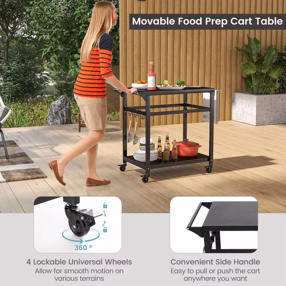 Gymax Portable Dining Cart BBQ Trolley and Food Prep Worktable in Black – 6