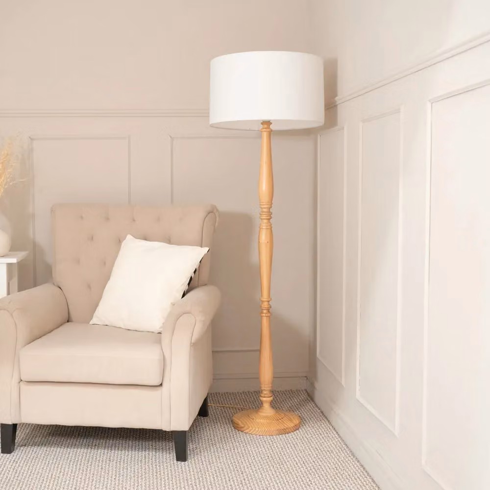 ValueLights Classic Wood Floor Lamp with White Fabric Cylinder Shade – 3