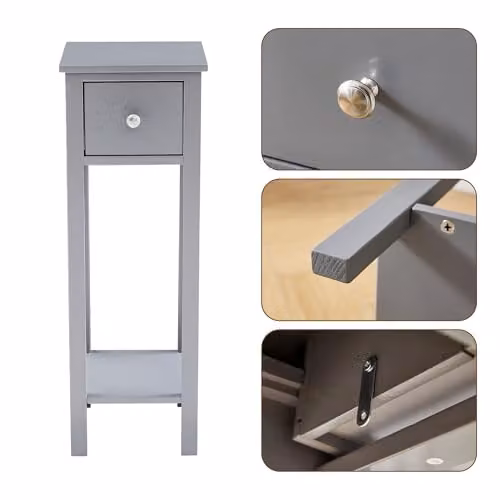 Amelia by MCC Set of 2 Slim Solid Wooden Bedside Tables in Grey with Open Shelf and Drawer – 3