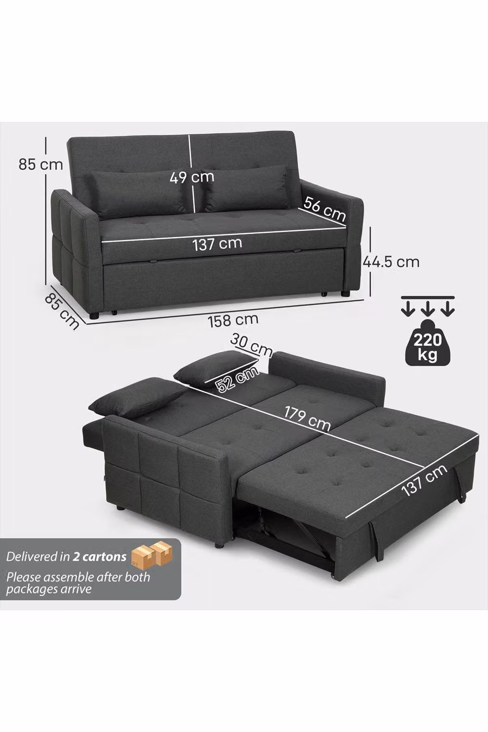 ERGOVEXA Three-Way Two-Seater Click-Clack Sofa Bed in Dark Grey Fabric with Foam Padding and Scatter Cushions – 2