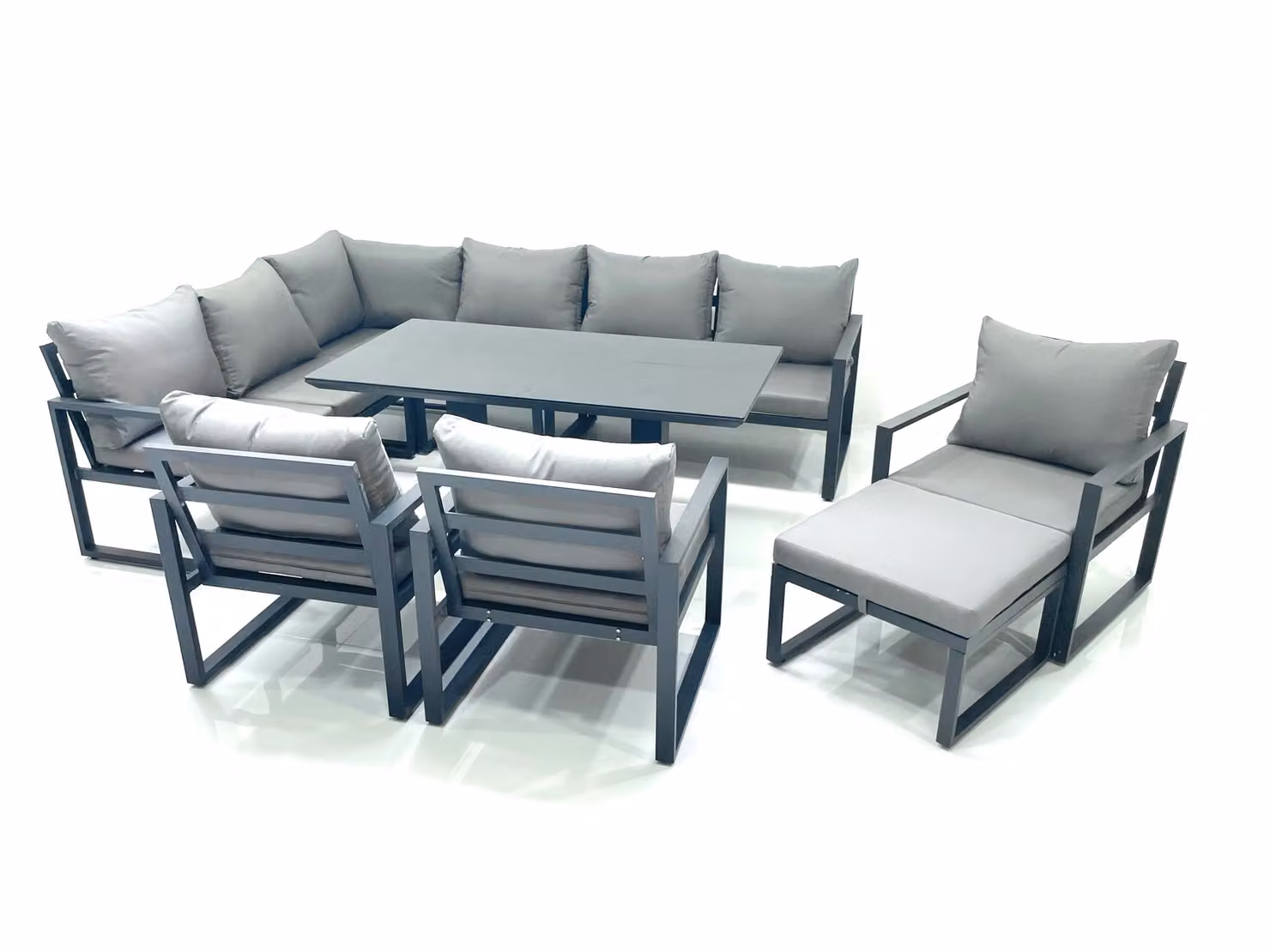 Fimous Aluminum Outdoor Garden Furniture Set in Dark Grey with Corner Sofa, Big Footstool, 3 Chairs and Height Adjustable Dining Table – 2