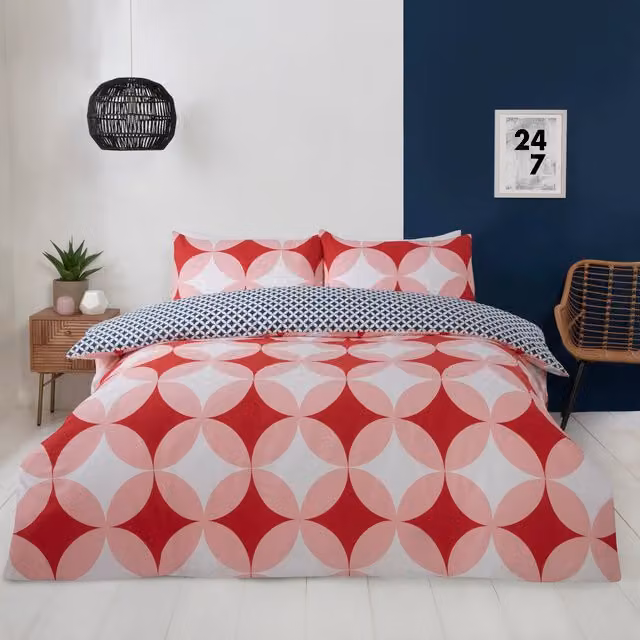 Rapport Home Geo Red Reversible Polycotton Duvet Set with Pillowcase, W: 180 cm, L: 200 cm