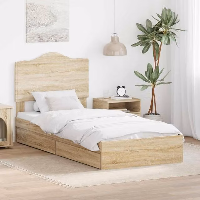Berkfield Home Sonoma Oak Storage Bed with Drawer, Brown, W/D/H: 100 x 200 cm