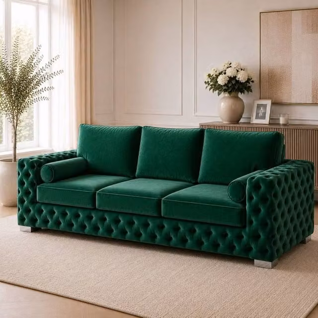 Stratus Interiors Ashley Luxury Chesterfield 3 Seater Fabric Upholstered Full Back Sofa in Dark Green, W: 203.2 cm, D: 76.0 cm, H: 67.0 cm – 1