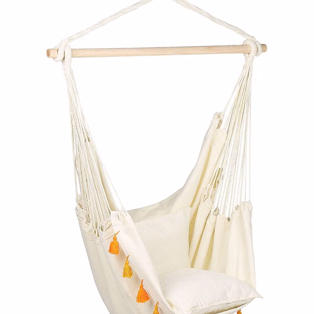 Wyld and Coco Boho Hanging Hammock Chair in Beige and Orange Cotton Blend with Untreated Wood – 2