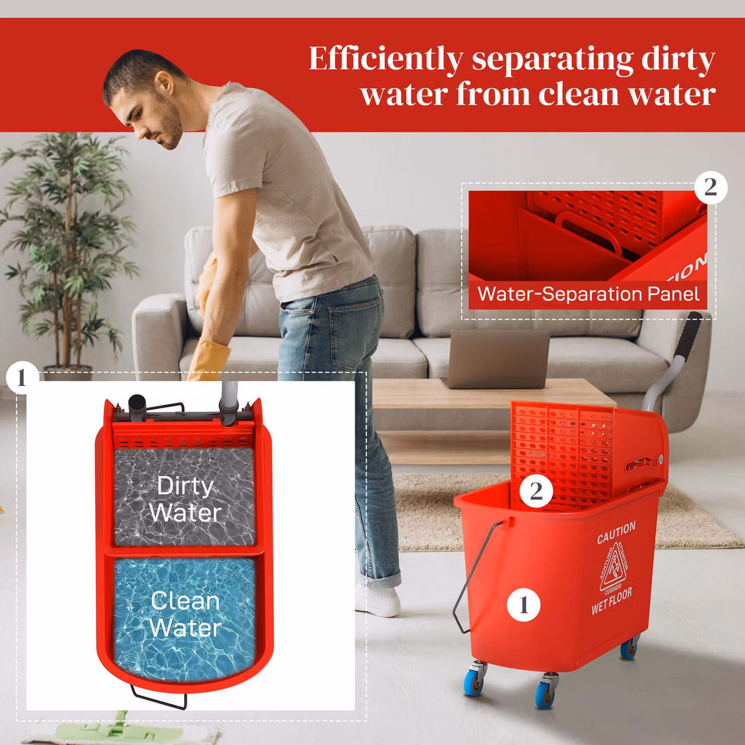 HOMCOM 20L Mop Bucket with Wringer and Handle in Red – 4