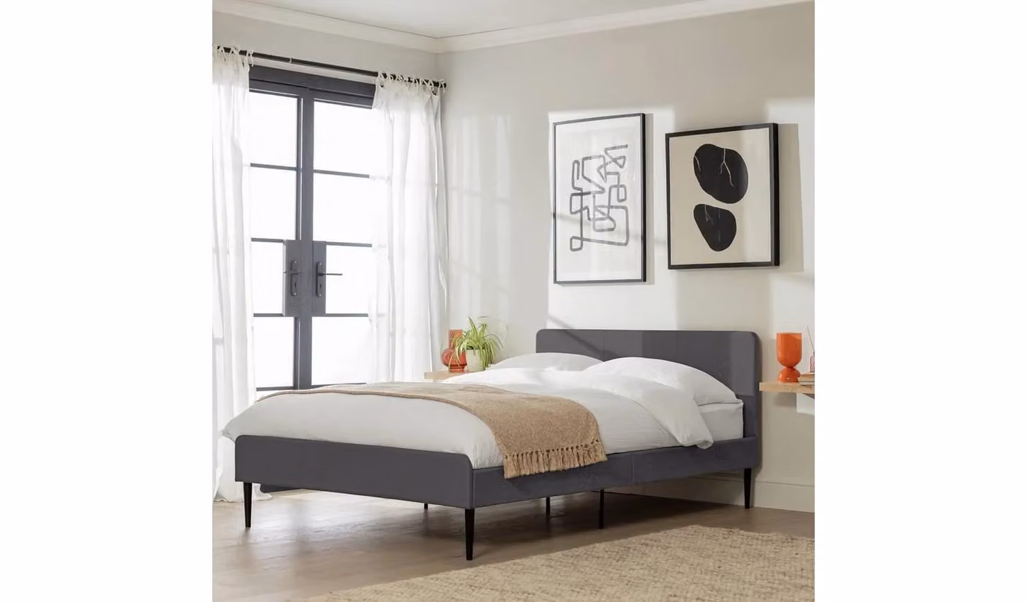 Kristopher Double Upholstered Fabric Bed Frame in Grey with Black Metal Legs, W/D/H: 140 x 200 x 142.5 cm