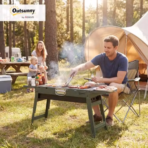 Outsunny Portable Foldable Charcoal BBQ Grill in Green with Stainless Steel Tabletop – 2