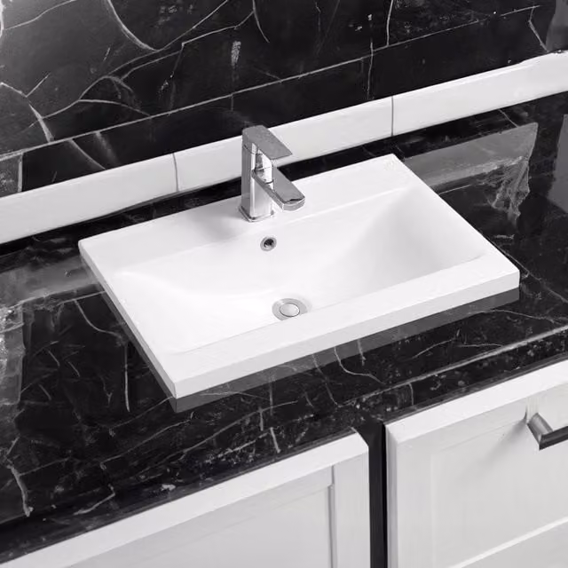 Limoge 5004 Ceramic Mid-Edge Inset Rectangular Countertop Basin with Dipped Bowl in White W/D/H: 60 x 40 x 18 cm