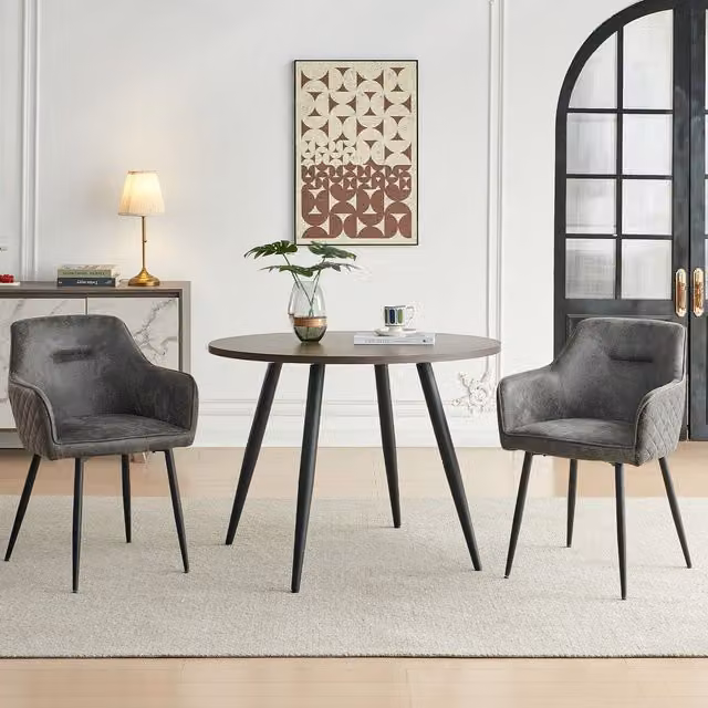 SONARA Dark Walnut Round Dining Table and 2 Grey Faux Suede Dining Chairs Set – 1