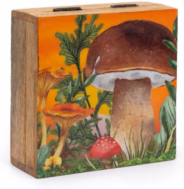 KDMD Mushroom Design Square Wood Storage Box in Maroon, Petrol and Brown, W/D/H: 13.5 x 6.0 x 13.5 cm