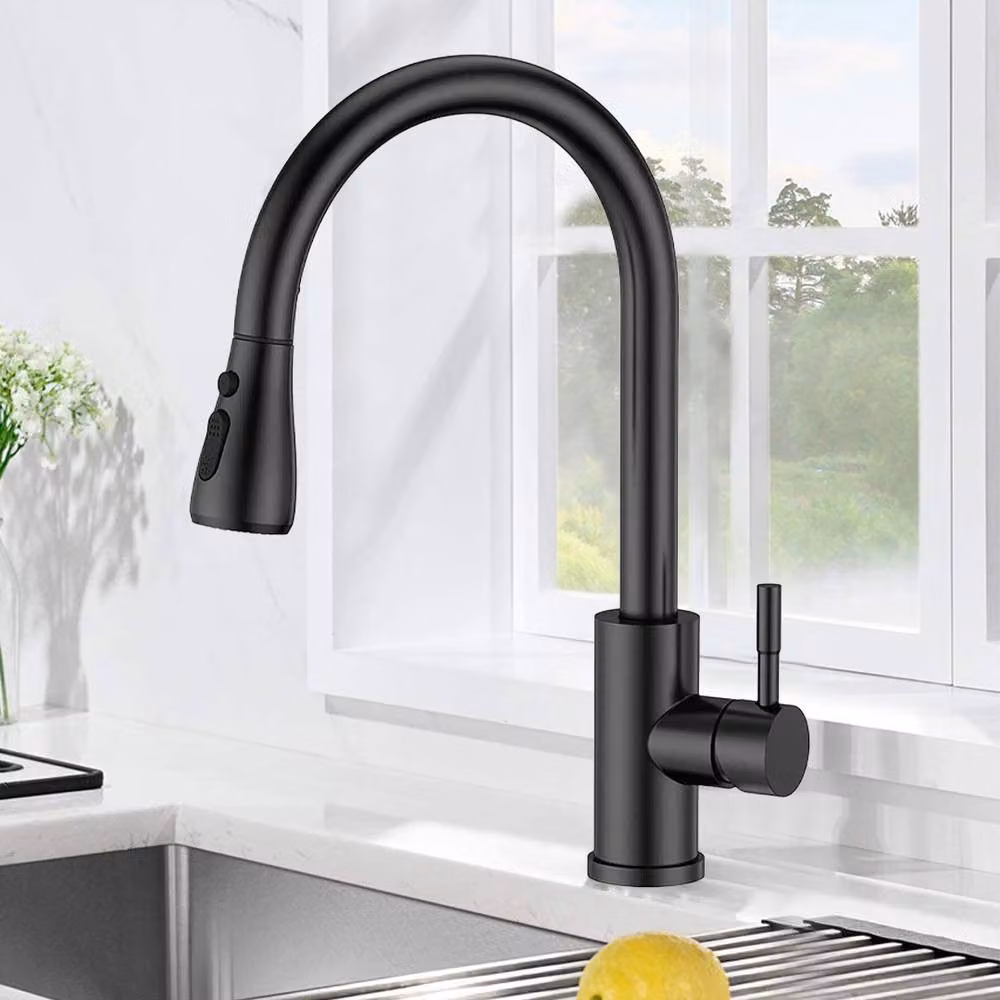 FORGEVIO Modern Single Lever Pull Out Kitchen Tap with Spray Function in Matt Black – 5