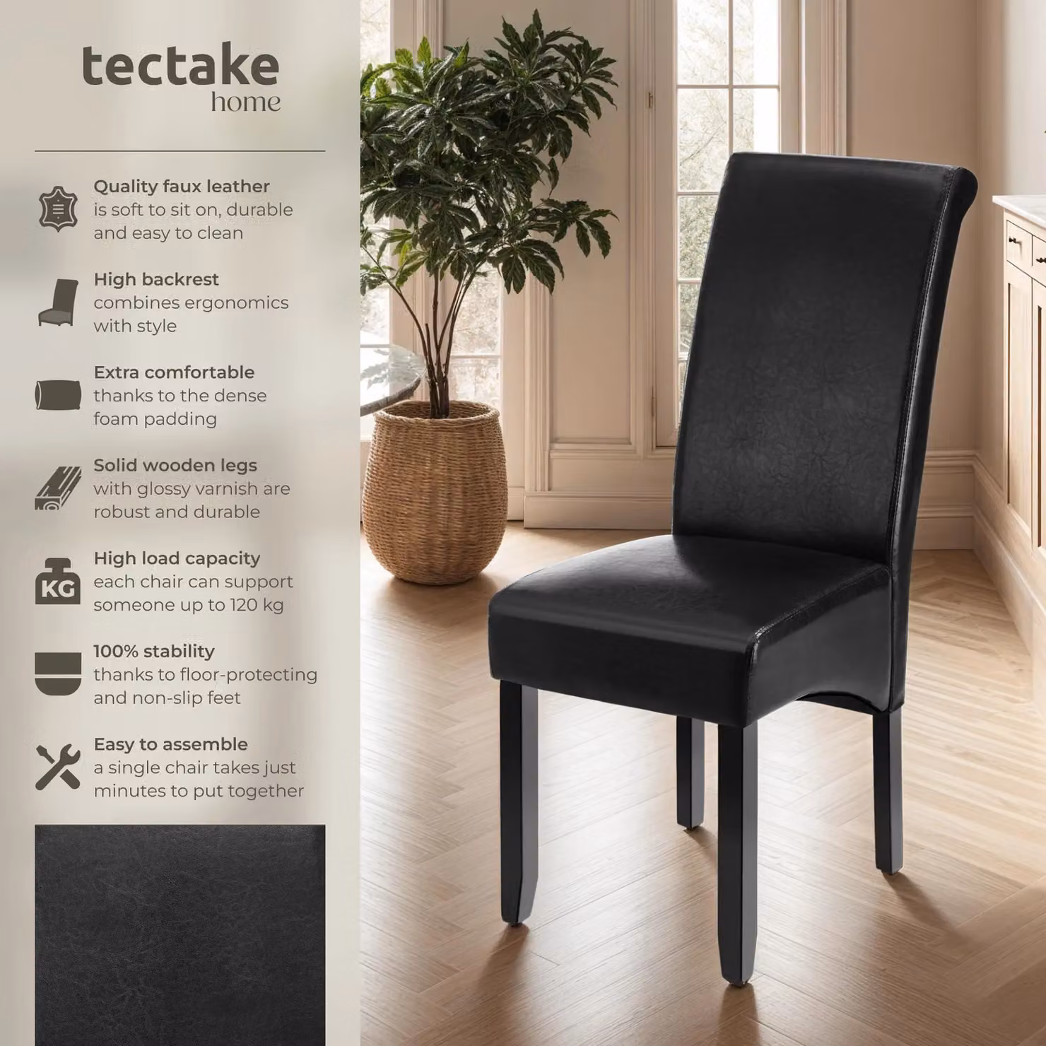 tectake Set of 2 Modern Dining Chairs in Black Synthetic Leather and Wood – 2
