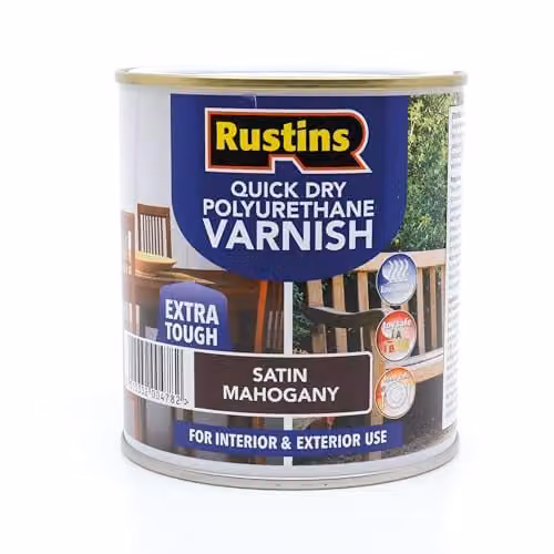 Rustins Quick Dry Polyurethane Varnish Satin Brown 500ml Water-Based Non-Yellowing Wood Finish – 1