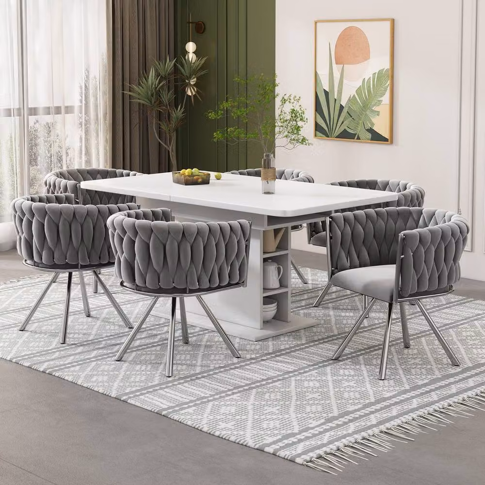Merax Set of 6 Grey Velvet 360-Degree Swivel Dining Chairs with Metal Legs – 2