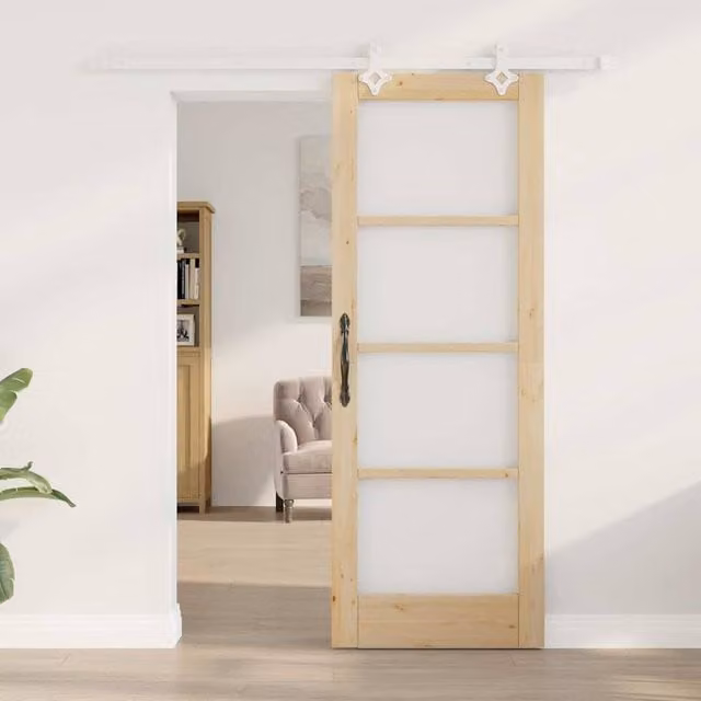 Berkfield Home Sliding Door with Hardware Set in Beige Solid Wood, W: 73.5 cm, H: 198.5 cm