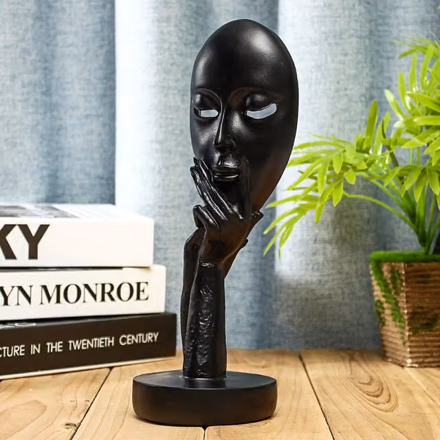 Livingandhome Minimalist Creative Thinking Face Figurine Sculpture, Black, Height: 29 cm
