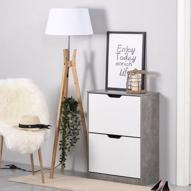 HOMCOM Modern Grey Wood Shoe Cabinet with Internal Shelves and Flat Shelves – 2