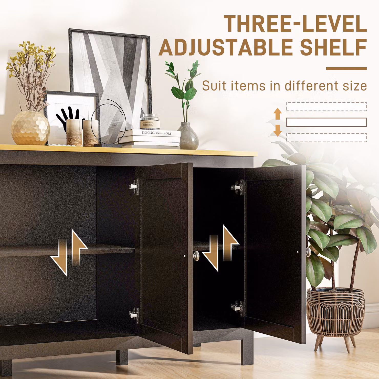HOMCOM Black and Natural Sideboard Buffet Cabinet with Doors and Adjustable Shelves – 3