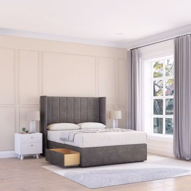 Sloomy Falcon Naples Wingback Bed Set with 54 inch Floor Standing Headboard in Dark Grey, Double Size