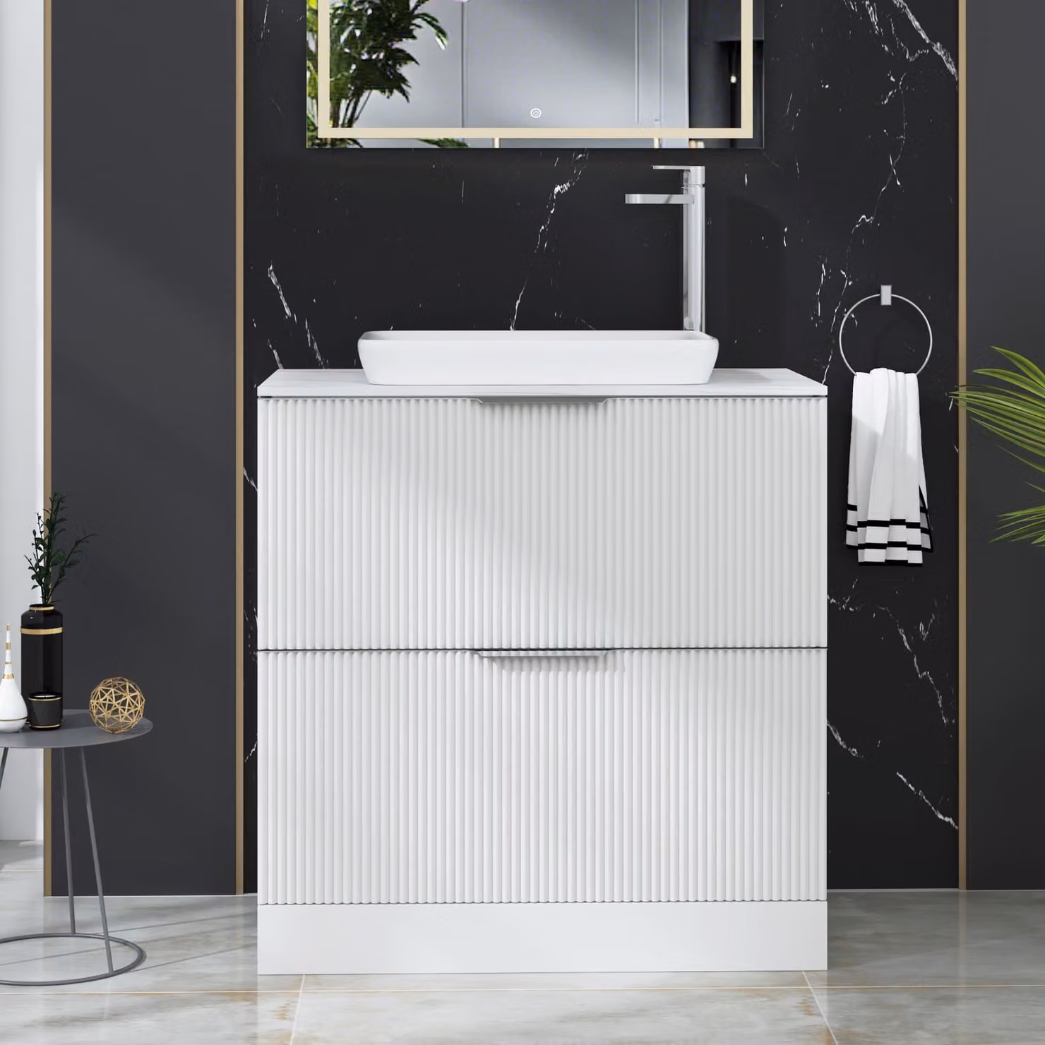Royal Bathrooms Evora 800mm Matt White Fluted Floor Standing Countertop Vanity Unit with 2 Drawers and Qubix Basin